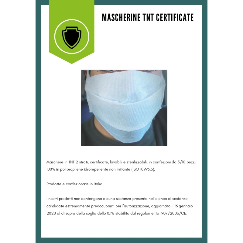 Maschere in TNT 2 strati, certificate, lavabili e sterilizzabili, in confezioni da 5 pezzi